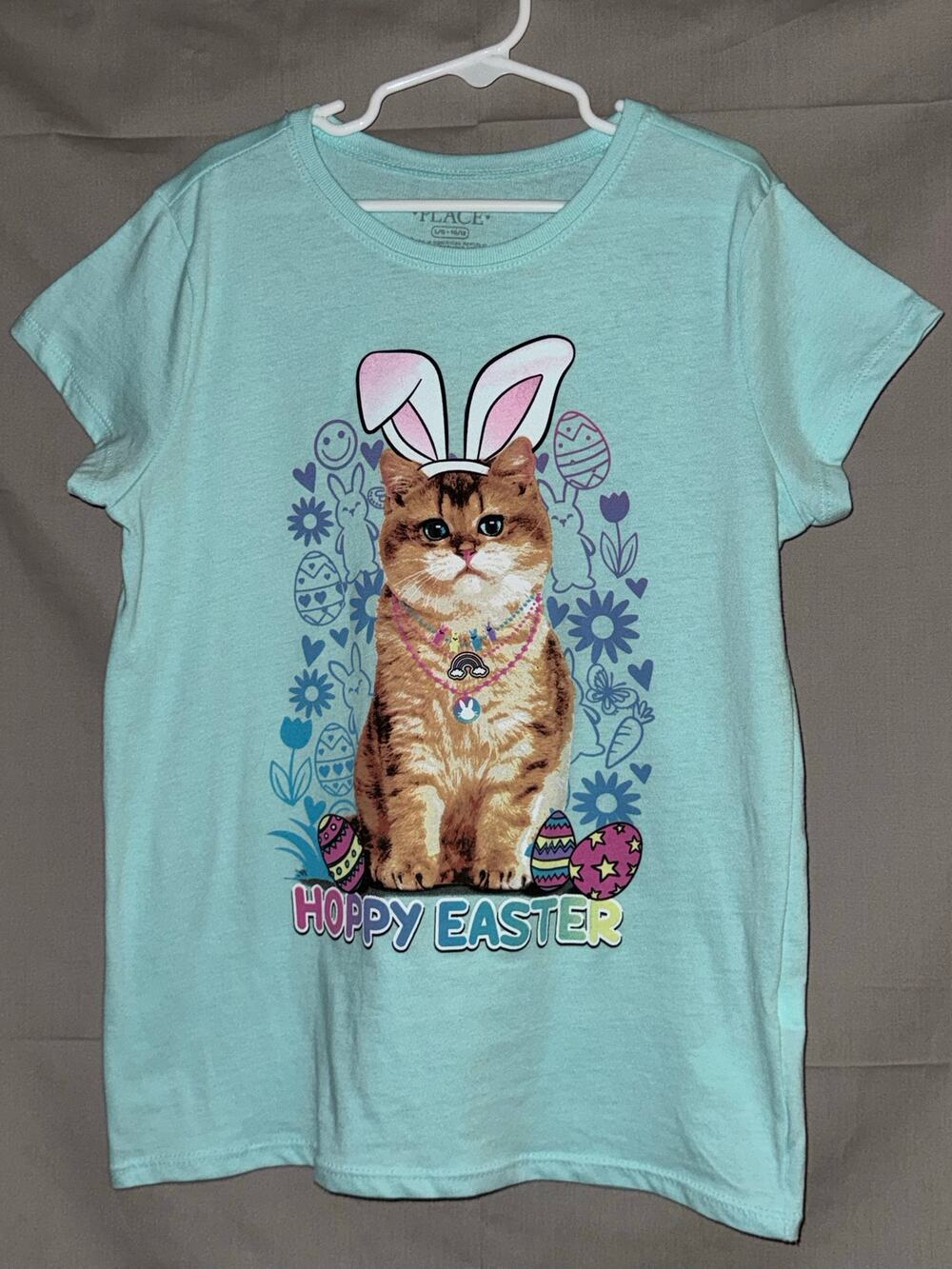The Children’s Place Girls Hoppy Easter Cat Mint Green T-shirt, Size L (10/12)